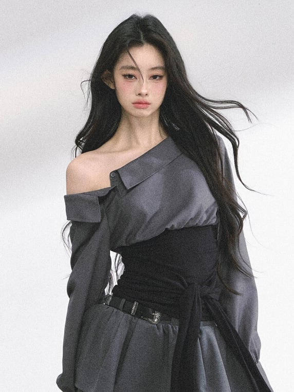 Black Asymmetrical Neckline Shirt with Corset Belt