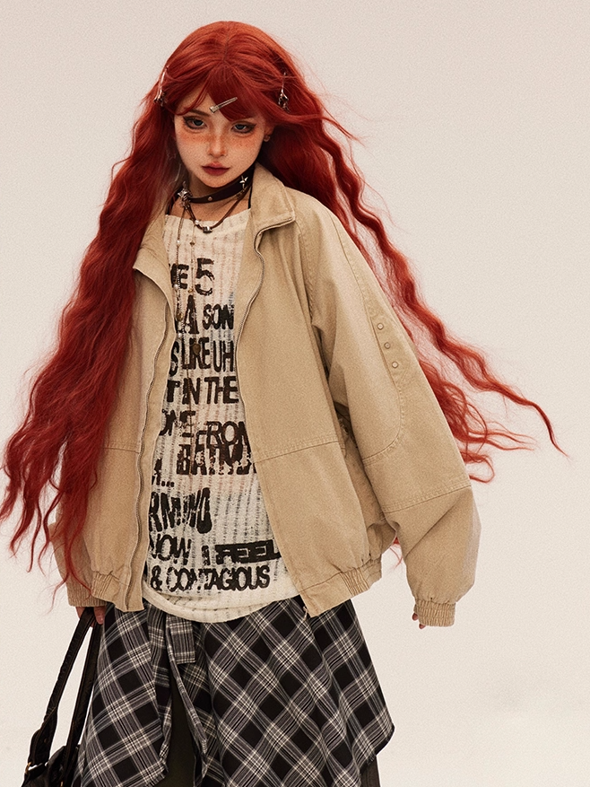 Blue/Apricot Banded Collar Faded Wash Distressed Design Autumn Zip-up Jacket