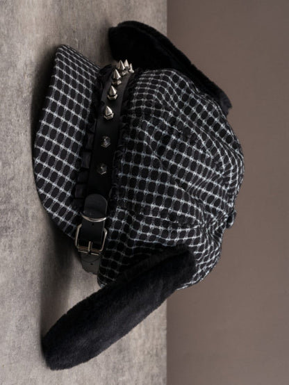 Black Gothic Studs Decorated Buckle Design Plush Puppy Ear Beret Hat