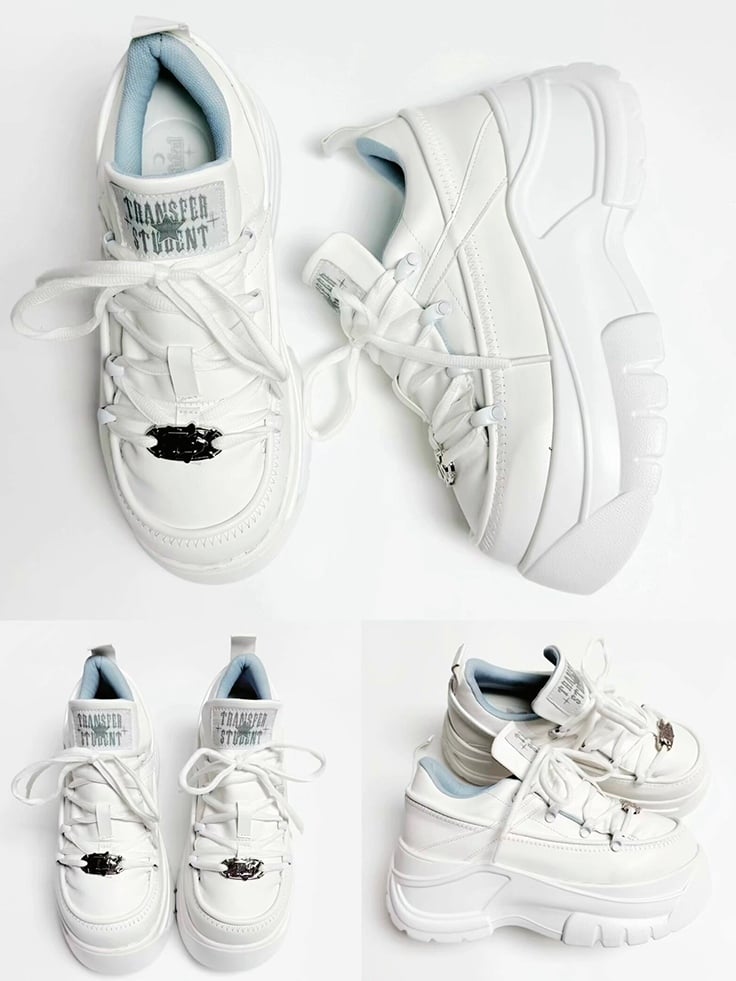 PU Leather with Classic Lacing System Matte White Platform Sneakers in Jirai Kei