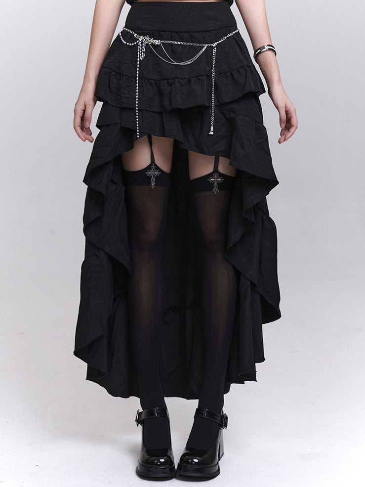 Black Cascading Flounce Trim High-low Skirt