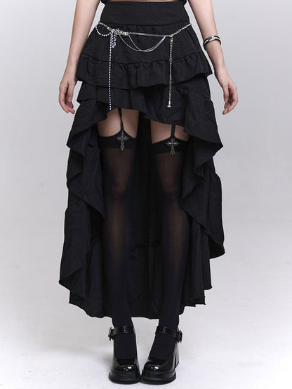 Black Cascading Flounce Trim High-low Skirt