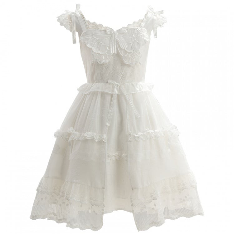 White Flutter Sleeves Butterfly Accent Ruffled Lace Trim Lolita JSK