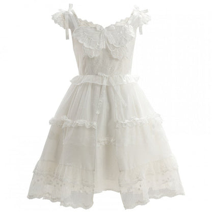 White Flutter Sleeves Butterfly Accent Ruffled Lace Trim Lolita JSK