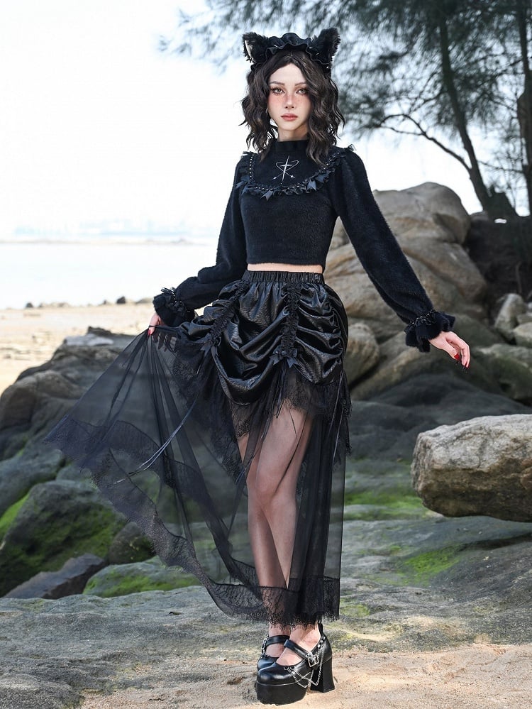 Bowknot Details Black Ruffle Neckline Cropped Sweater