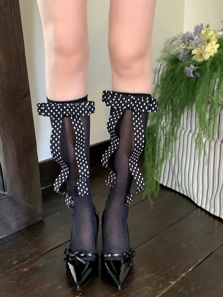 White/Black Polka-dot Pattern Bowknot Design Under-knee Stockings
