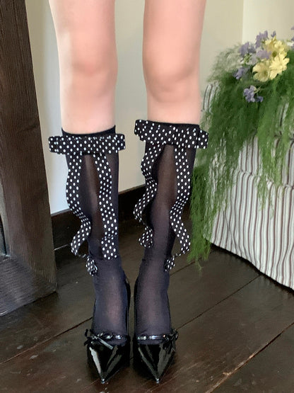 White/Black Polka-dot Pattern Bowknot Design Under-knee Stockings