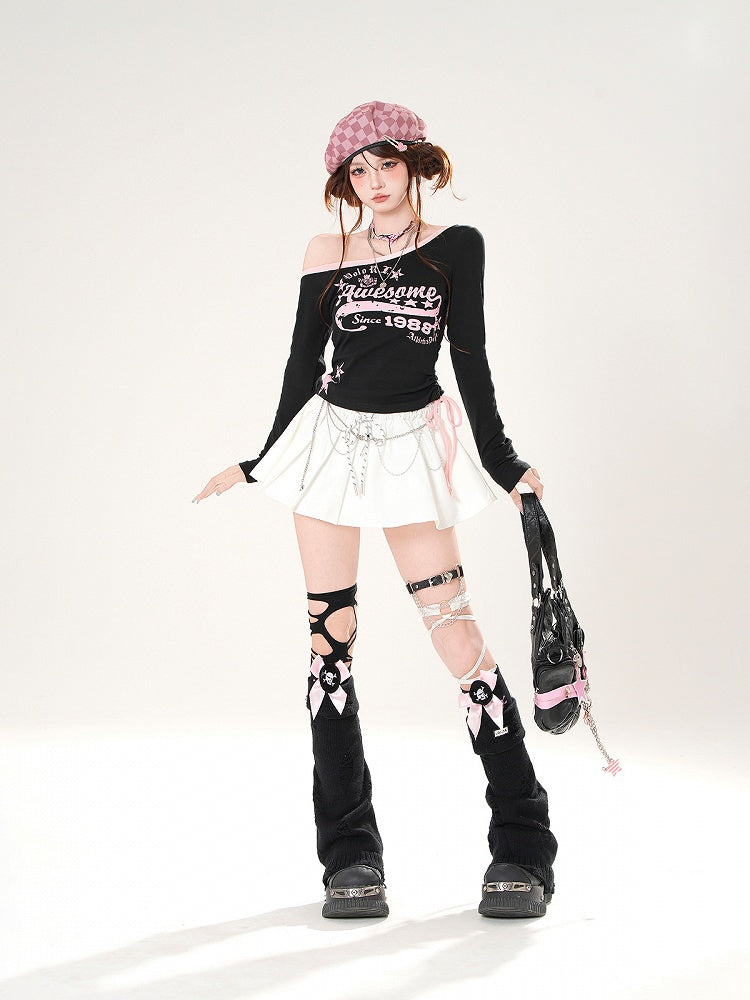 Black/White Asymmetrical Neckline Drawstring Waist Graphic Top