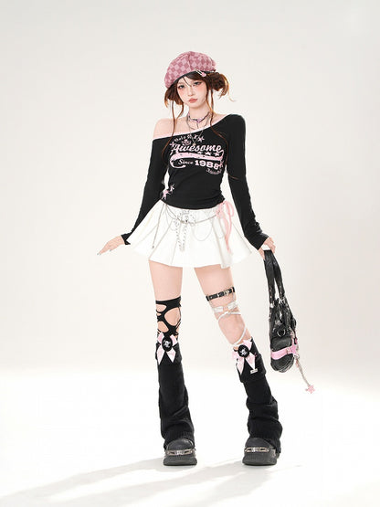 Black/White Asymmetrical Neckline Drawstring Waist Graphic Top