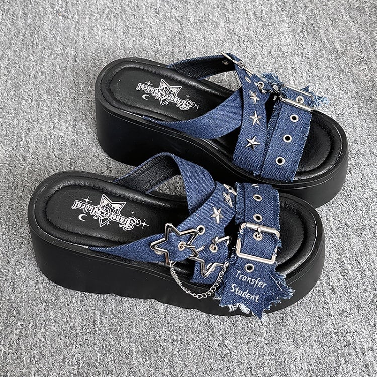 Star-shaped Buckles and Studs Blue Denim Punk Platform Slippers