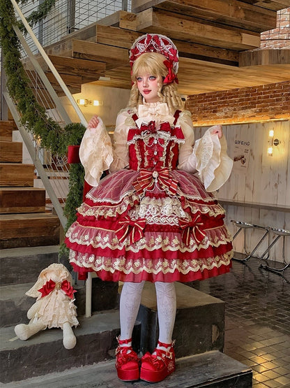 Red Flower Bead Chain Bow Neckline Gorgeous Princess Lolita Dress