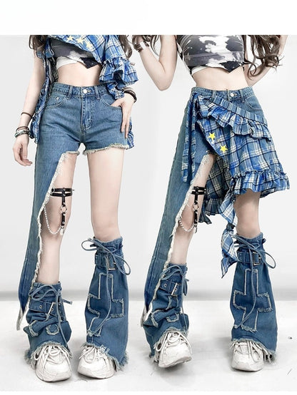 Blue Bittersweet Glamorous Set- Asymmetrical Hem Shorts + Plaid Pattern Star Print Skirt + Cross Applique Leg Warmers