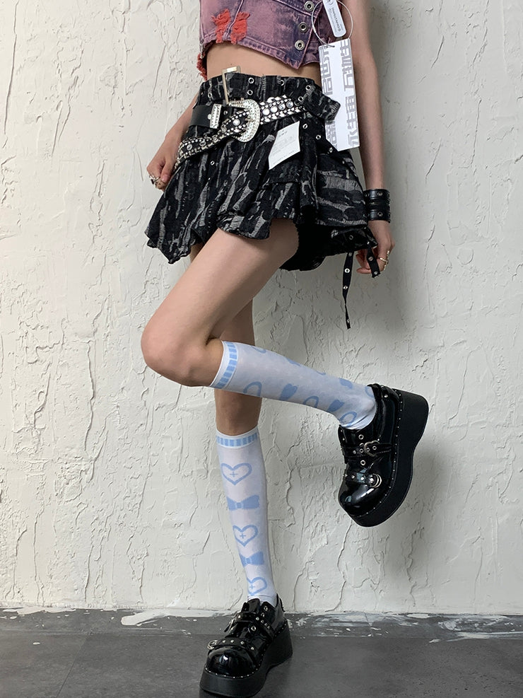 Blue Y2K Heart And Bowknot Print Underknee Stockings