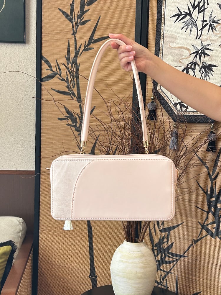 Pink Embroidered Bamboo Leaf Cheongsam Style Ita Shoulder Bag with Fringe Charm