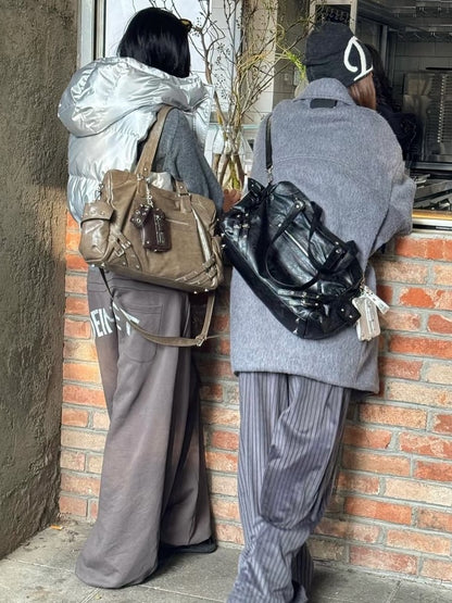 Black Studded Tote Bag With Buckle Strap Accents&Large Capacity