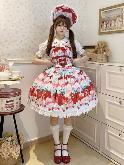 Strawberry and Dessert Print Blue Sweet Lolita Dress
