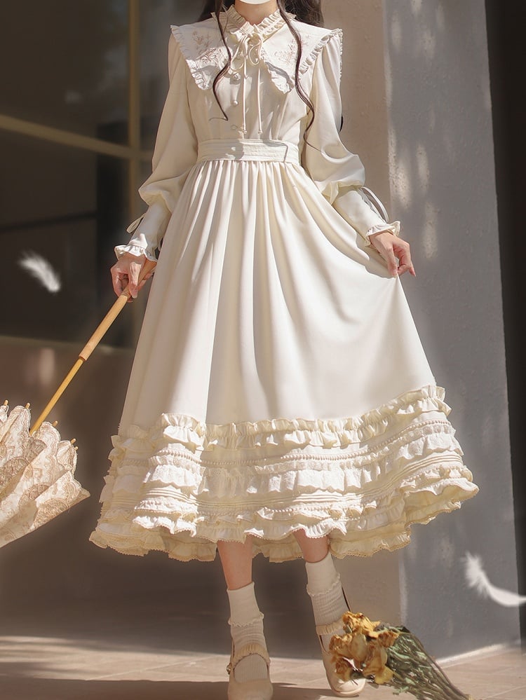 Floral Embroidery Collar Lace-up Detail Apricot Vintage Leg-of-Mutton Sleeves Dress