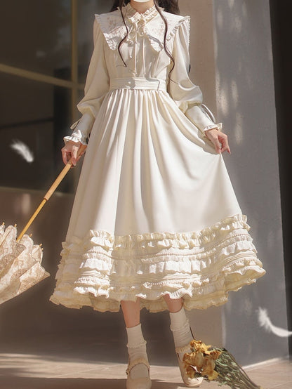 Floral Embroidery Collar Lace-up Detail Apricot Vintage Leg-of-Mutton Sleeves Dress