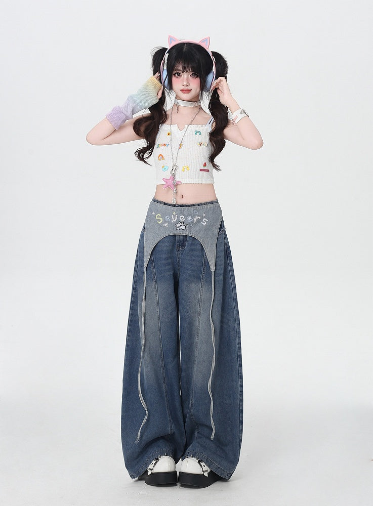 Blue Low Waist Wide-leg Jeans with Letter Embroidery Waist Accessory