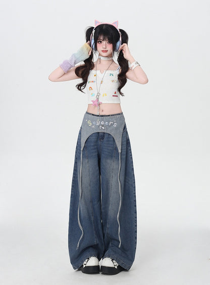 Blue Low Waist Wide-leg Jeans with Letter Embroidery Waist Accessory