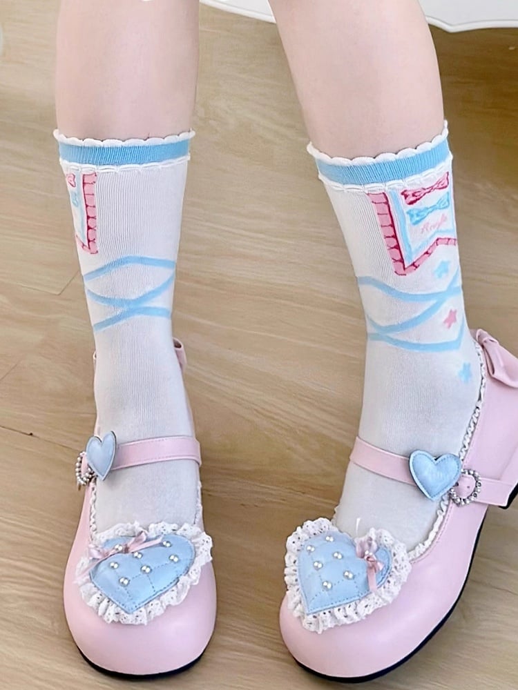 Blue/Red Star and Bowknot Print Crisscorss Banded Lolita Calf Socks