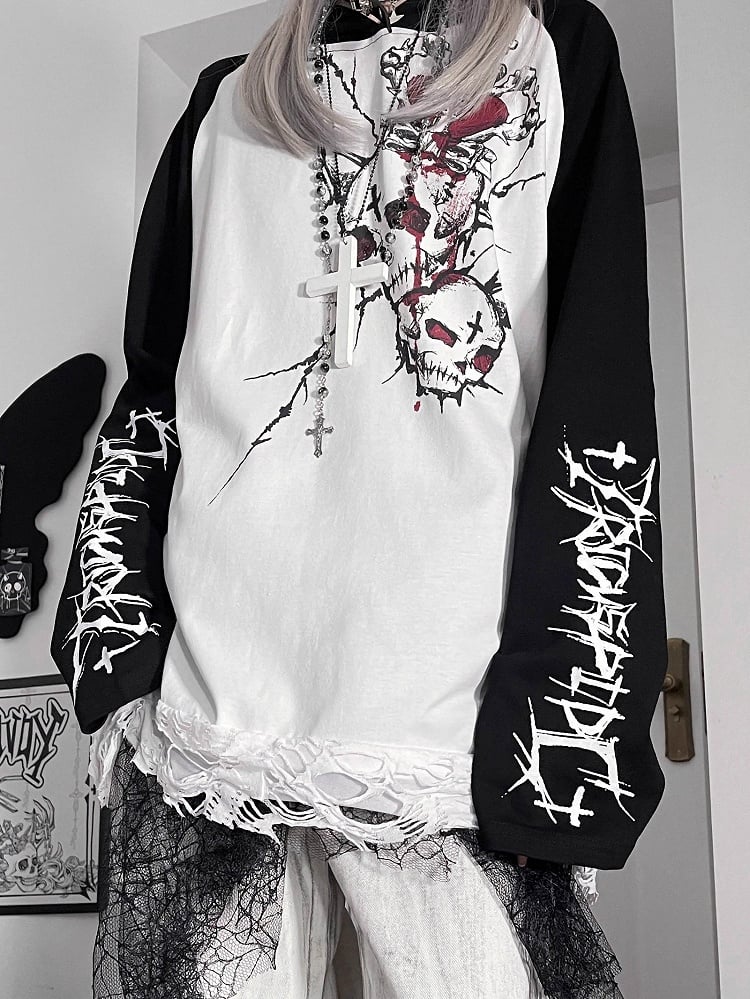 Black&White Emo Punk Skeleton And Letter Print Hoodie