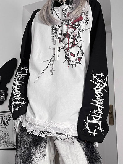 Black&White Emo Punk Skeleton And Letter Print Hoodie