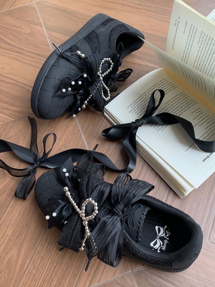Black Beaded Decorated Bow at Top Lace Front Lace-up Ties Sneakers