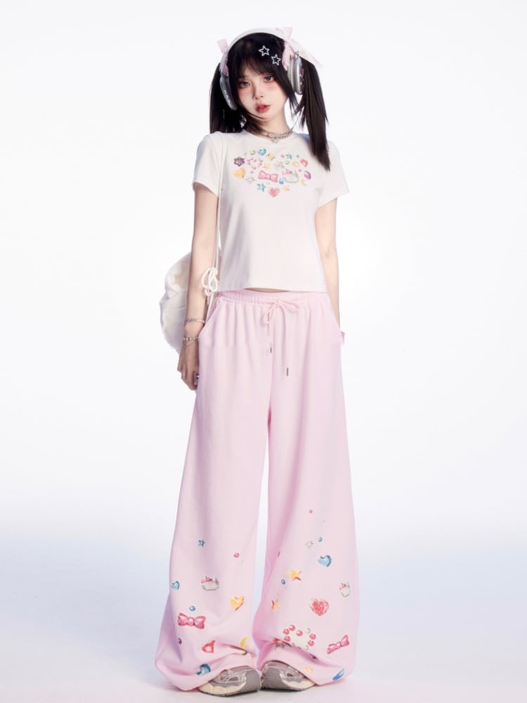 Adorable Print Pink Drawstring Waist Wide-Leg Casual Pants