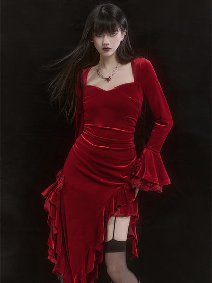 Red Velvet Lace Bell Sleeves Asymmetrical Ruffle Hem Dress