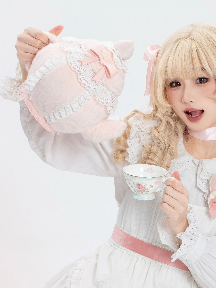 Pink Sweet Lolita Bowknot And Strawberry Decorated Lace Trim Plush Teapot Hand/Crossbody Bag