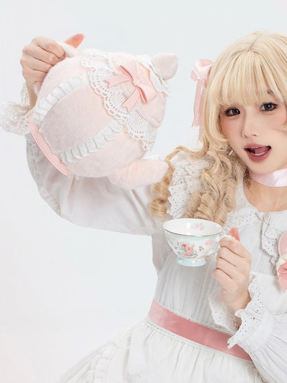 Pink Sweet Lolita Bowknot And Strawberry Decorated Lace Trim Plush Teapot Hand/Crossbody Bag