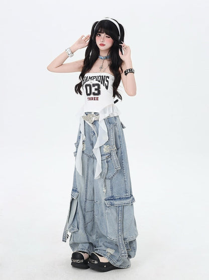 Blue Low Rise Distressed Holes Wide-leg Cargo Jeans