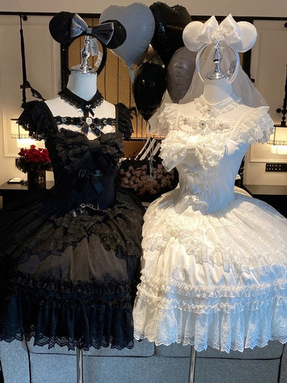 Beads and Rhinestones Neckline Design White Shiro Lolita Dress with Lace Trim and Bow Accents