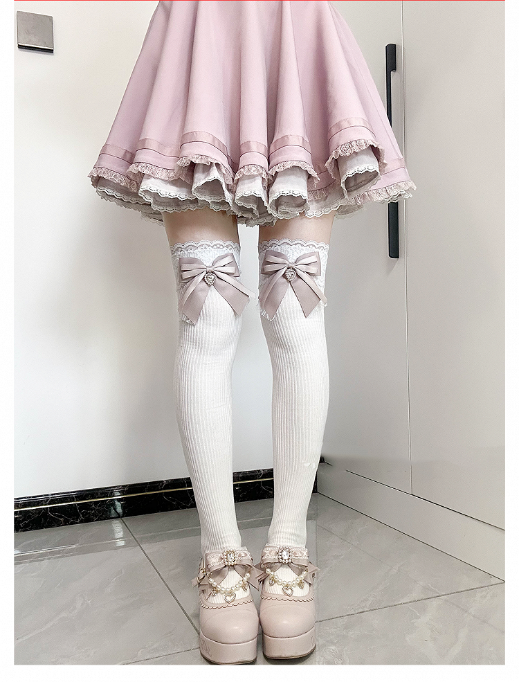 Dusty Pink Bow Detail Front Heart Rhinestone Jirai Kei Over Knee Stockings