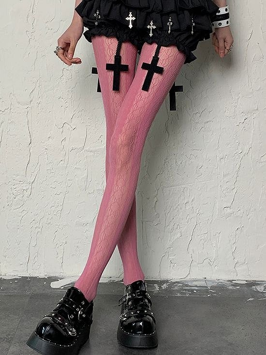 Rose Pink Striped Hollow-out Design Y2K Tights
