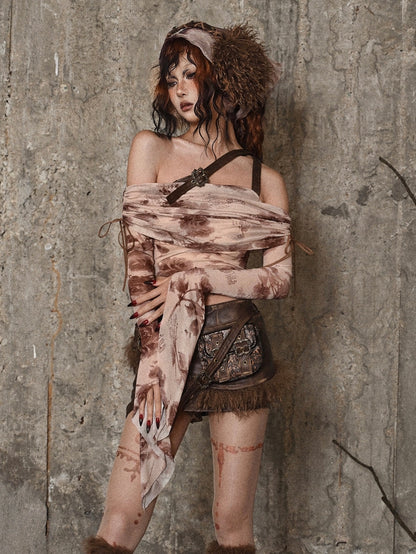 Floral Print Pink Off-the-shoulder Neckline Tulle Top