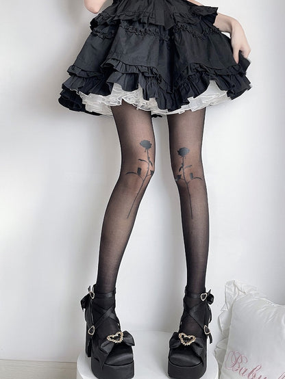 Gothic Lolita Black Semi-sheer Rosette Print Tights