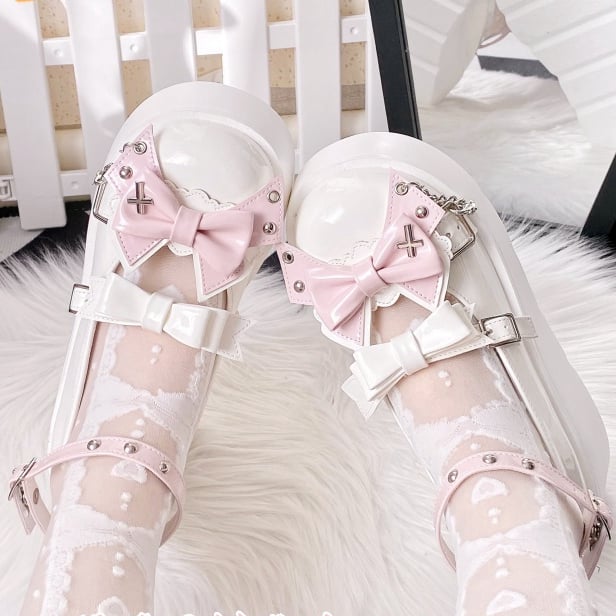 Punk Crosses and Chains White Bow Accents Platforms Buckle Ankle Strap