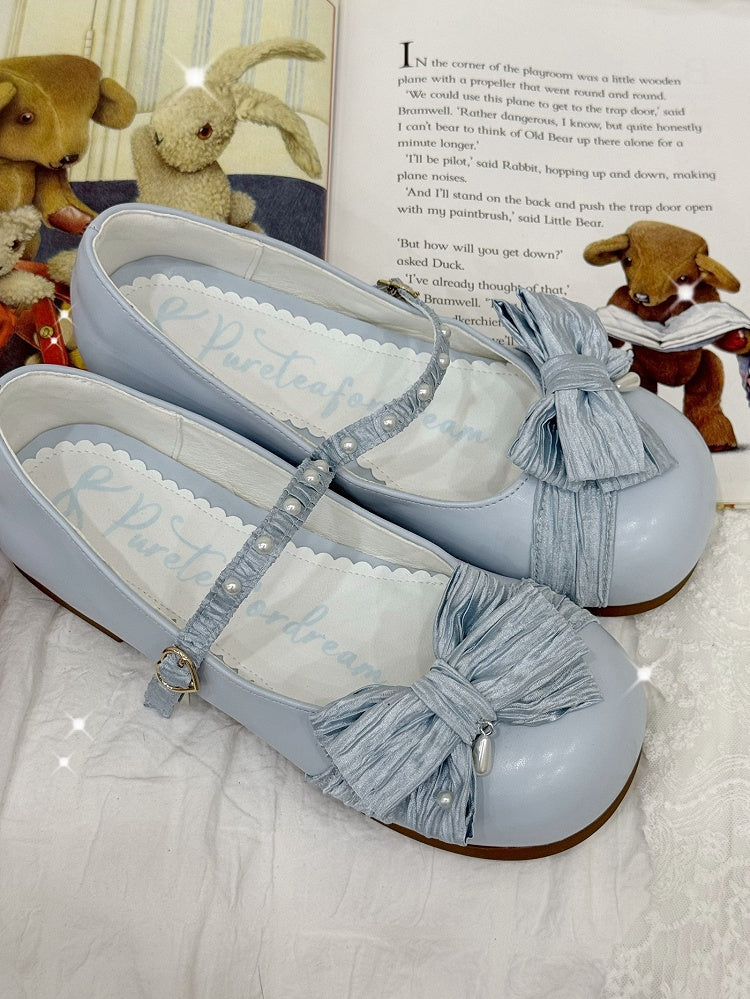 Light Blue Beaded Decorated Bow at Top Heart Buckle Round Toe Lolita Shoes