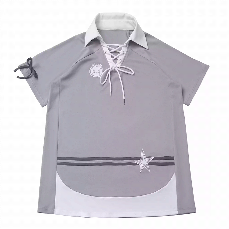 Gray Lace-up Neckline Bunny and Star Applique Loose Dress