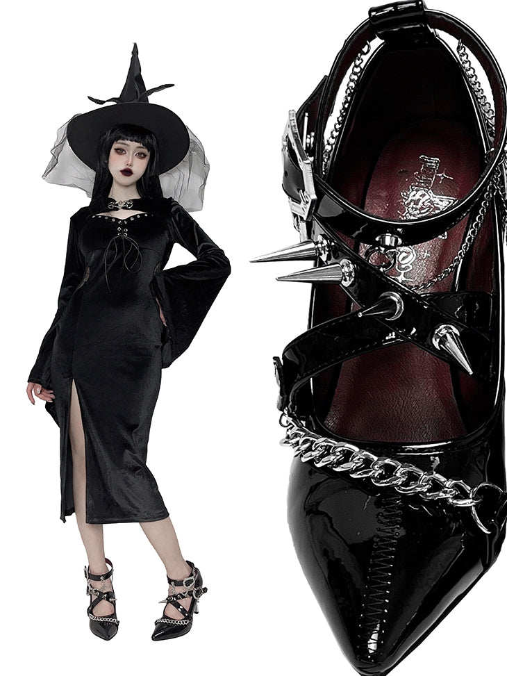 Spike Studs Coffin-shaped Buckles Polished Black Gothic Punk Stiletto Heels with Chains
