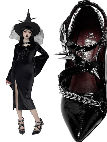 Spike Studs Coffin-shaped Buckles Polished Black Gothic Punk Stiletto Heels with Chains