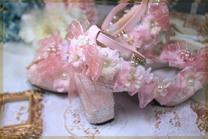 Pink Sakura Hime Lolita Shoes Bow Accents Beaded Detail Princess High Heels
