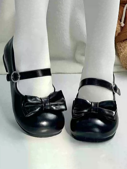 Low-heel Black Sweet Style Mary Janes - Round Toe with Ring Fastener & Bow Details