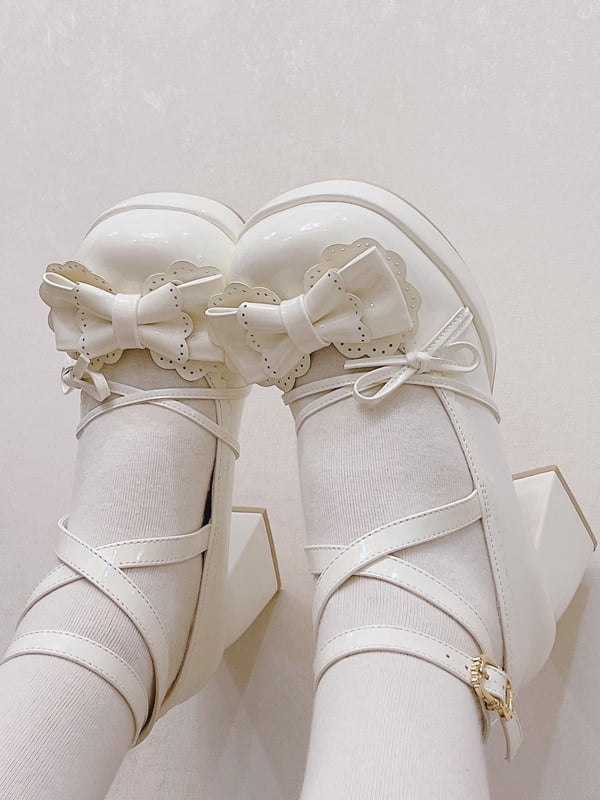 Bow Accents Crisscross Ankle Strap White Round Toe Sweet Mary Janes