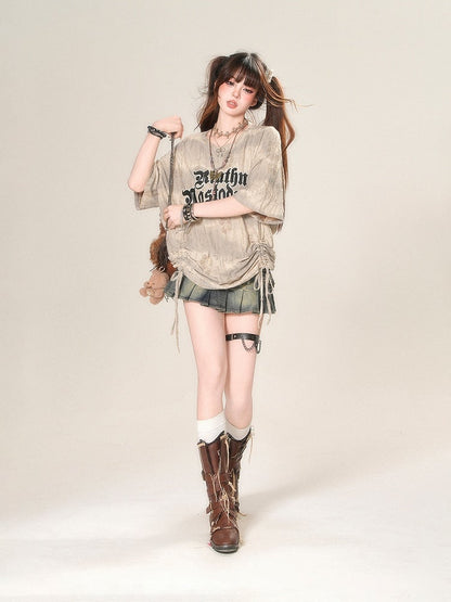 Apricot Letter Print Drawstring Waist Distressed Holes Loose T-Shirt