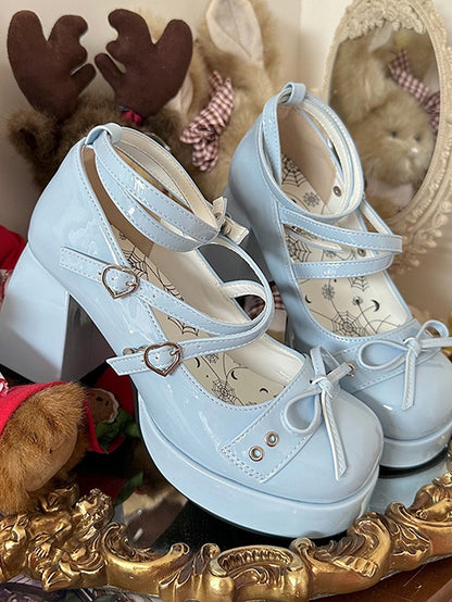 Bowknot at Top Blue High Block Heel Platform Mary Janes