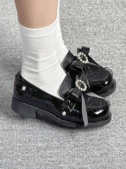 Black Bow at Top Jirai Kei Slip-in Fit Loafer Shoes