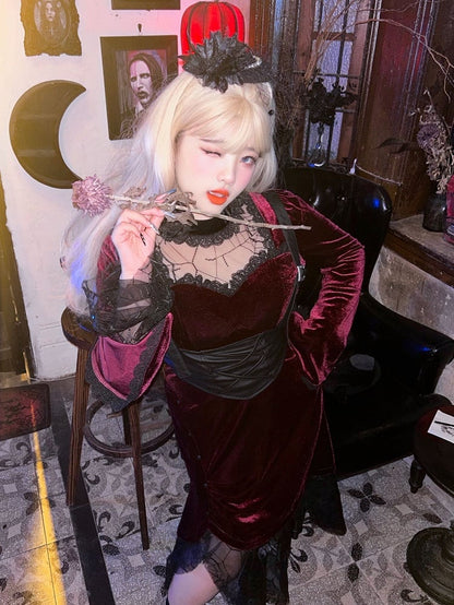 Plus Size Red Illusion Neckline Gothic Velvet Dress
